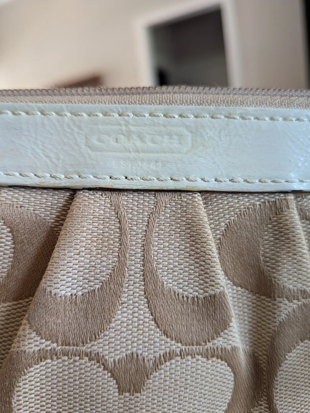 Coach Beige Signature Canvas Wristlet with White Leather Trim